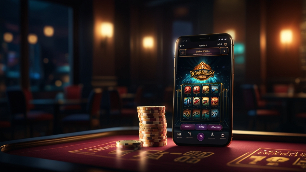 Smartphone showing a casino app download screen in a dark casino setting