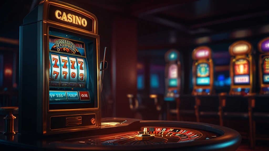 Stuck app download screen beside a casino terminal in a dark troubleshooting scene